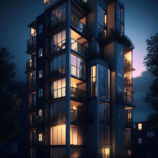 Multistorey building in the evening Image created by AI