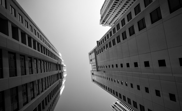 다층 아파트 건물입니다. 흑백 건축 사진