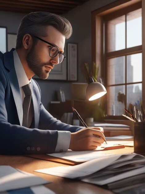 Multitasking businessman working in the office He is using touchpad while reading an email on lap