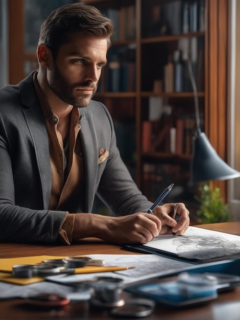 Multitasking businessman working in the office He is using touchpad while reading an email on lap