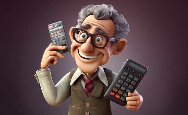 Multitasking made easy Cartoon man effortlessly manages finances and communication with calculator and cell phone Generativeai