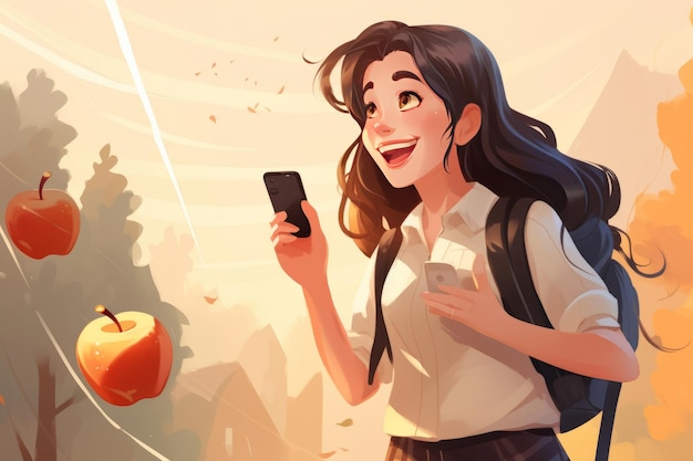 Multitasking marvel joyful schoolgirl excels with apple phone call and backpack