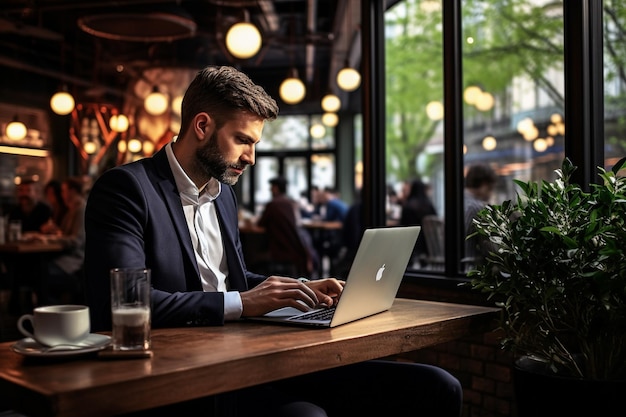 Multitasking zakenman werkt op kantoor Hij gebruikt het touchpad tijdens het lezen van een e-mail op schoot