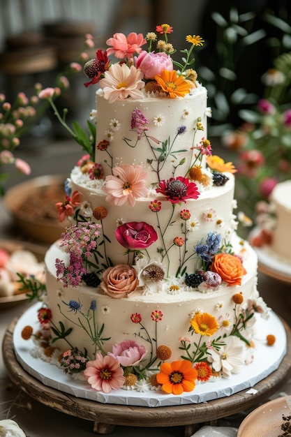 Многослойный свадебный торт, украшенный свежими цветами и ягодами