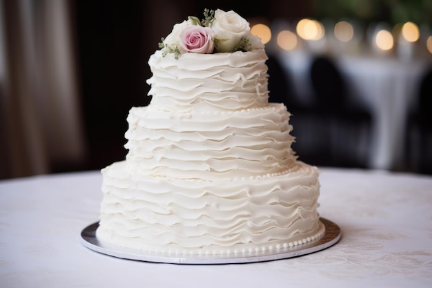 A multitiered wedding cake with white icing