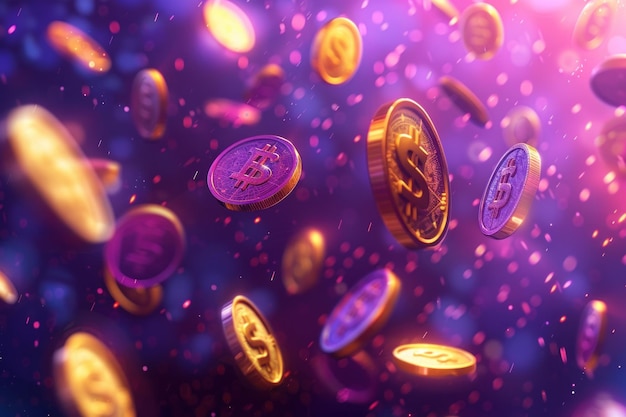 A multitude of coins are seen soaring through the air in this dynamic and active scene The coins are