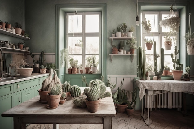 a multitude of indoor plants placed in various containers about the kitchen