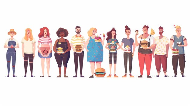 Foto una moltitudine di uomini e donne in sovrappeso con torte, hamburger e ciambelle isolati su uno sfondo bianco
