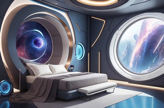 写真 マルチバース マーベル 次元ホッピング ポータルを備えた未来的なベッドルーム