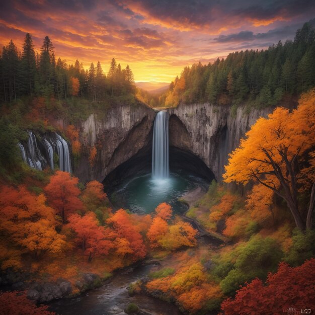 Multnomah falls in autumn foliage colors with shining sun