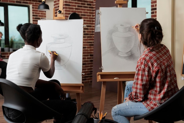 Multuethnic team working at creative project drawing vase sketch on white canvas using illustration technique. Women students attending sketching lesson learning new artistic skill for personal growth