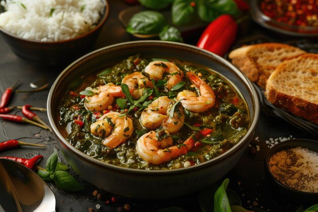 Photo mulukhiyah egyptian dish made from mulukhiyah plant leaves cooked with chicken or shrimp