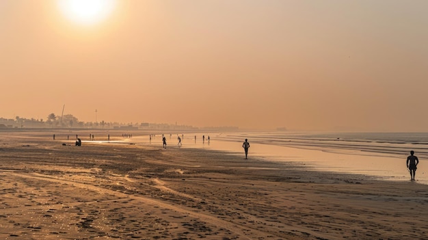 Mumbai Serene morning scene Juhu Beach joggers yoga against rising sun backdrop