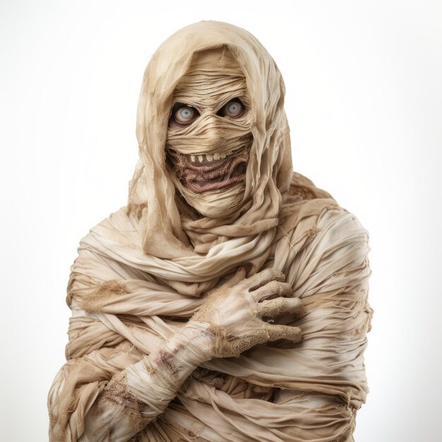 Foto mummie met gezicht in verpakking een verdraaid en krachtig beeld