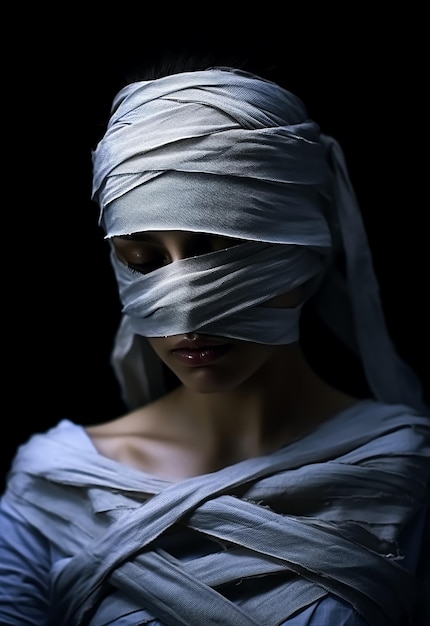 Foto mummy girl fashion ragazza con gli occhi bendati deformata in tessuti bianchi