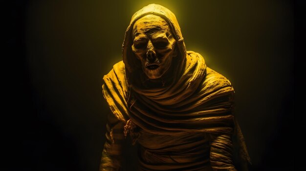 A mummy is shown in a dark room with a yellow light on the wall.