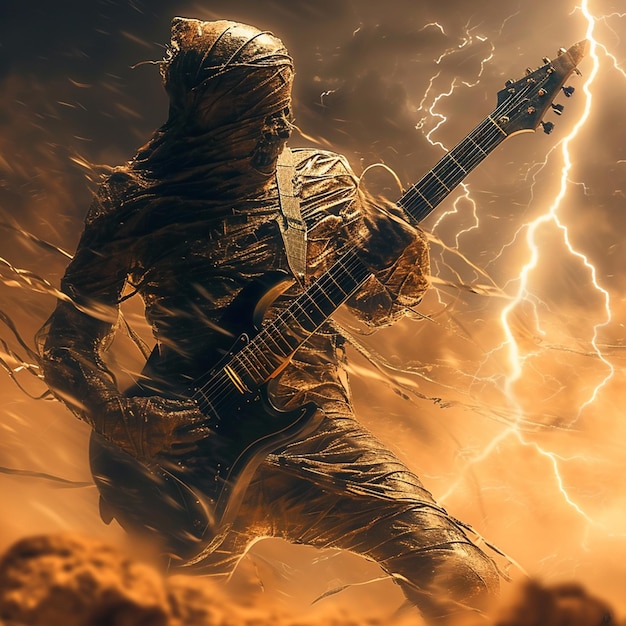 Photo a mummy playing heavy metal guitar in desert dark background lightning in sky thunderstorm
