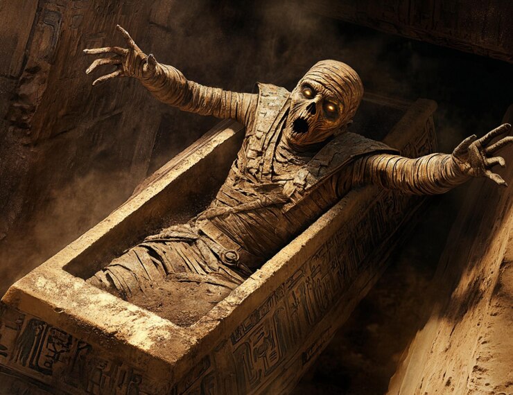 A mummy rising out of his coffin with arms reaching out