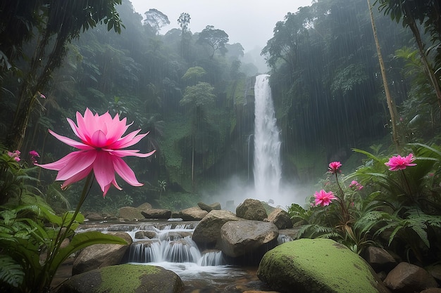 Mun dang waterfall with a pink flower foreground in rain forest