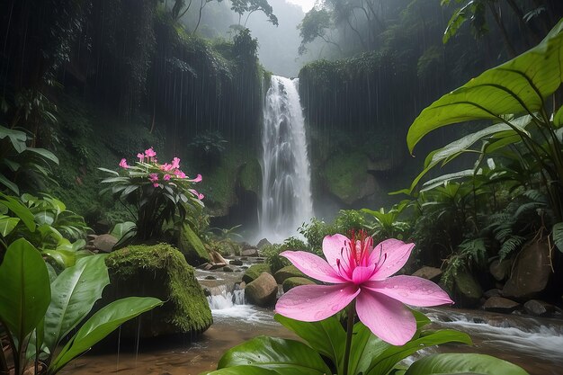 Photo mun dang waterfall with a pink flower foreground in rain forest