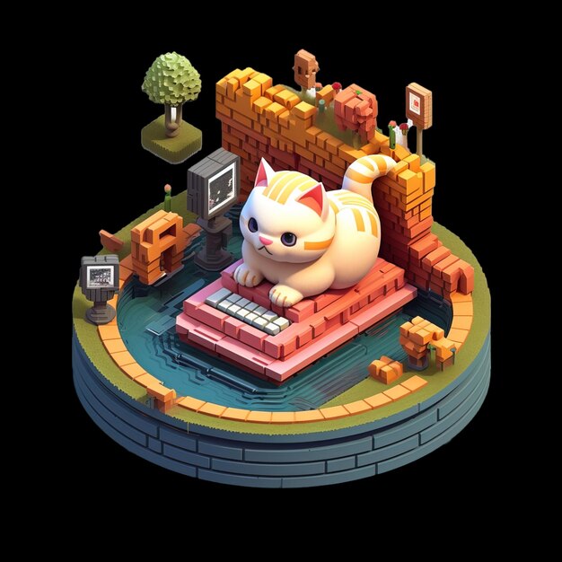 A munchkin cat playing on a computer isometric 3d