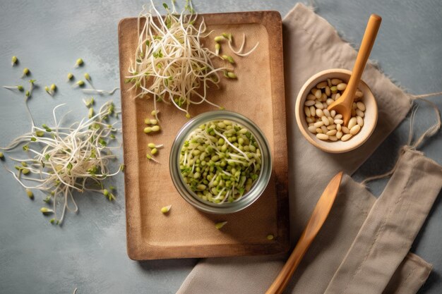 写真 キッチンテーブルのプロの広告食品写真の緑豆もやし