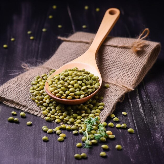 Photo mung beans in a spoon on a dark board