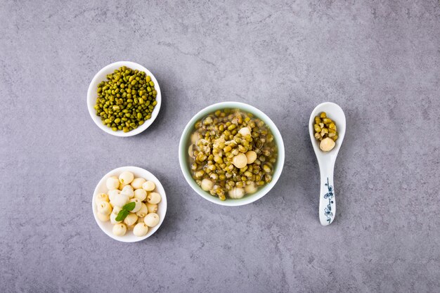 Mung beans on white wall