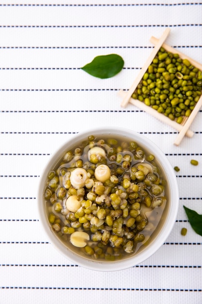 Mung beans on white wall