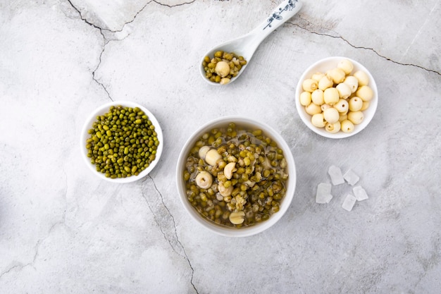 Mung beans on white wall