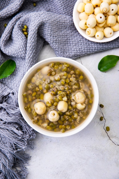 Mung beans on white wall