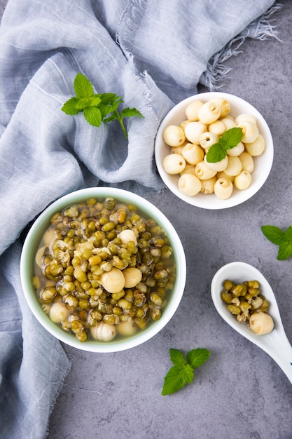 Mung beans on white wall