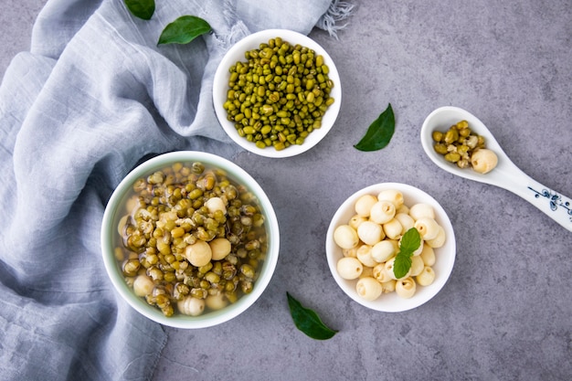 Mung beans on white wall