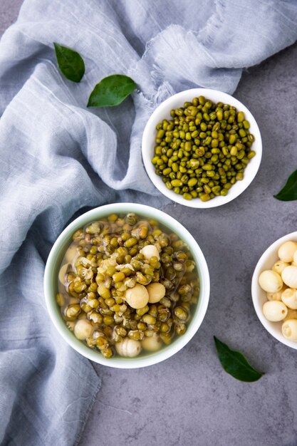 Mung beans on white wall