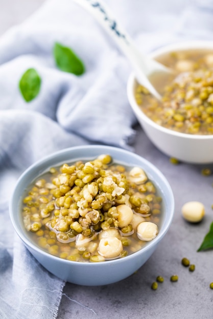 Mung beans on white wall