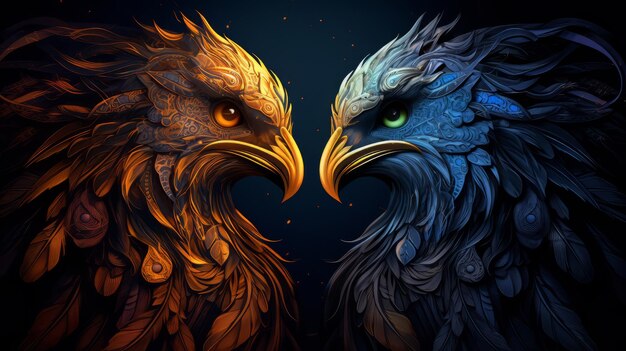 Photo munin and kunin the nordic ravens in gold and blue