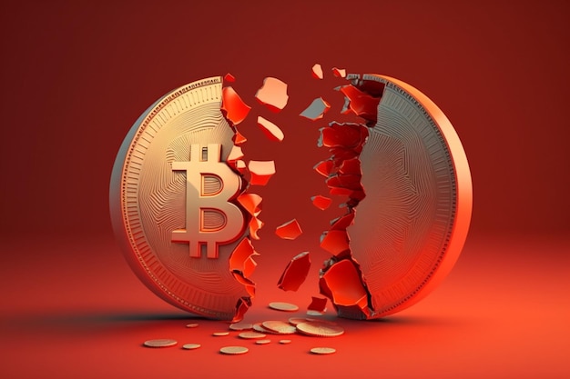 Munt bitcoin is in tweeën gebroken op rode achtergrond Ai Generated Art Work