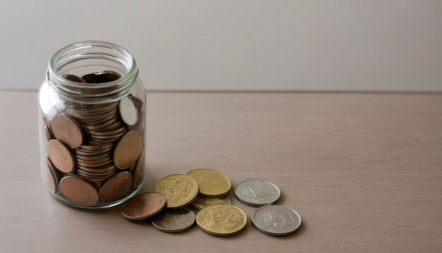 munten in een glazen pot op de tafel