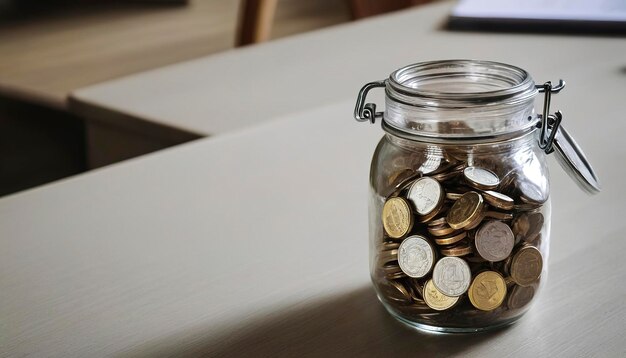 munten in een glazen pot op de tafel