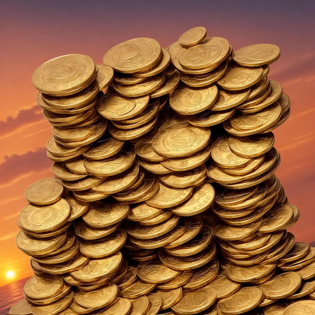 Foto munten tegen de achtergrond van de zonsondergang antieke gouden munten gegenereerd door ai