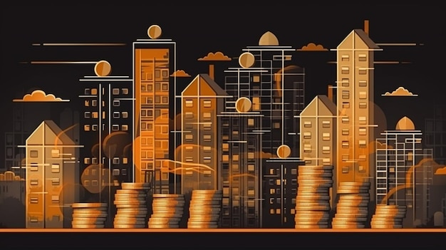 Muntenstapel met huismodel op vage stadsgezicht achtergrond Onroerend goed en vastgoedinvesteringen concept generatieve ai