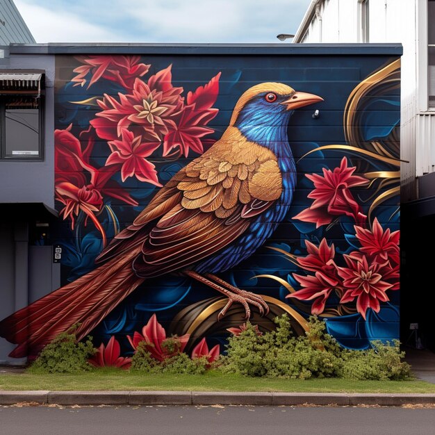 Mural of a bird on a wall with flowers and vines generative ai