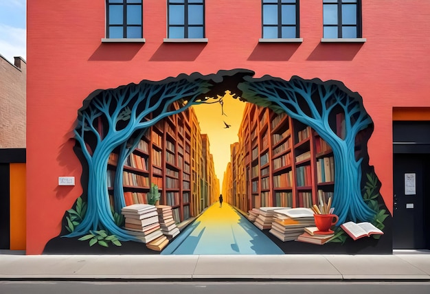 a mural of a book store on a building