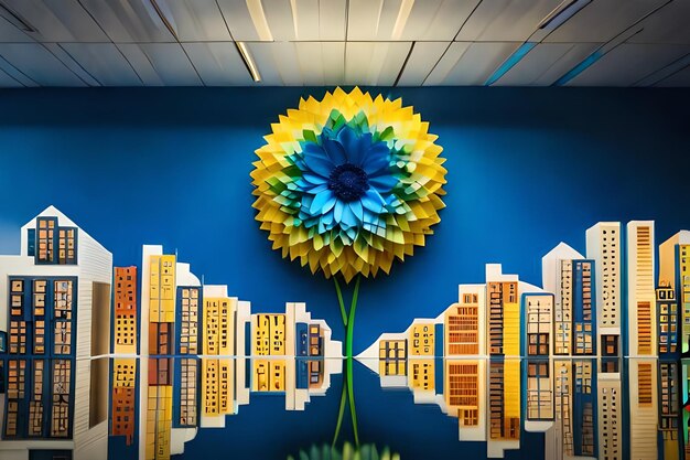 A mural of a city with a flower on the wall