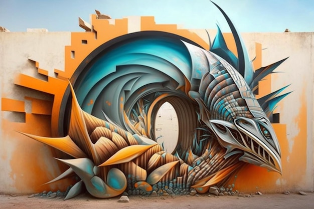 A mural of a fish with a wave in the middle.