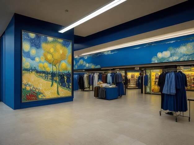 A mural of flowers is on the wall of a cloth store