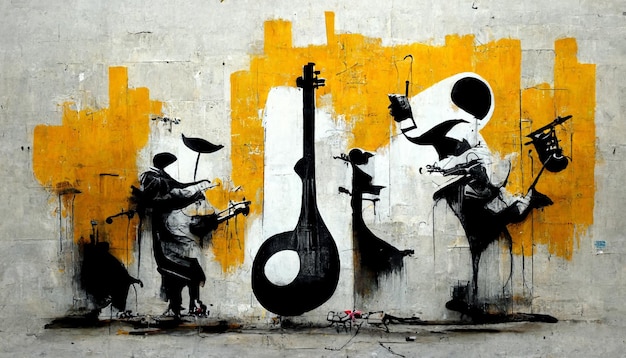 照片一群人弹奏乐器的壁画。