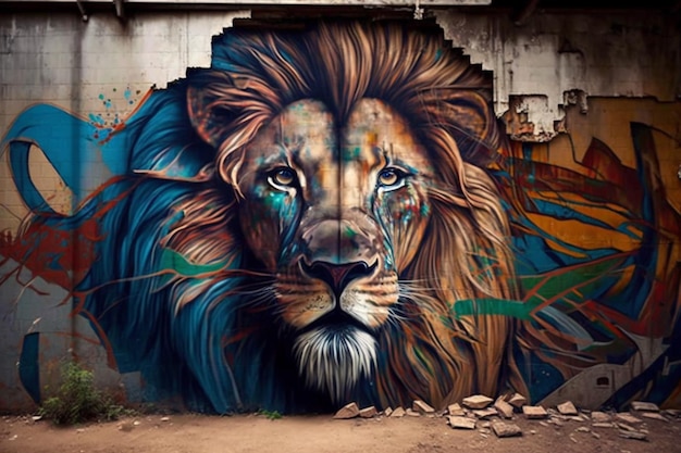 A mural of a lion with a blue mane and a tear on the face.