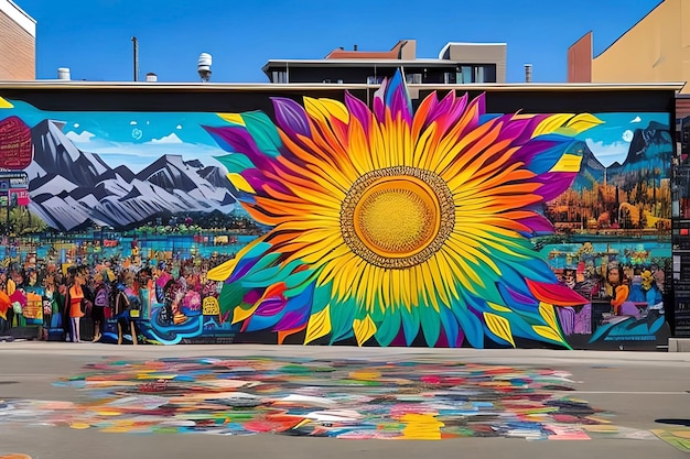 A mural of a mountain and a rainbow