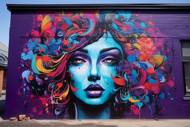 A mural of a woman with colorful hair and a blue face is painted in bright colors.